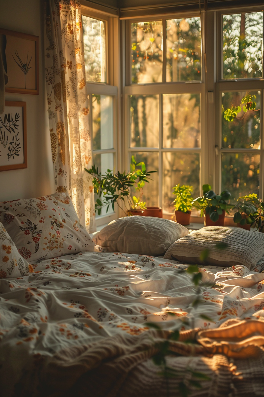 Cozy bedroom with sunlight streaming through the window, patterned curtains, plants on the sill, and a floral bedspread.