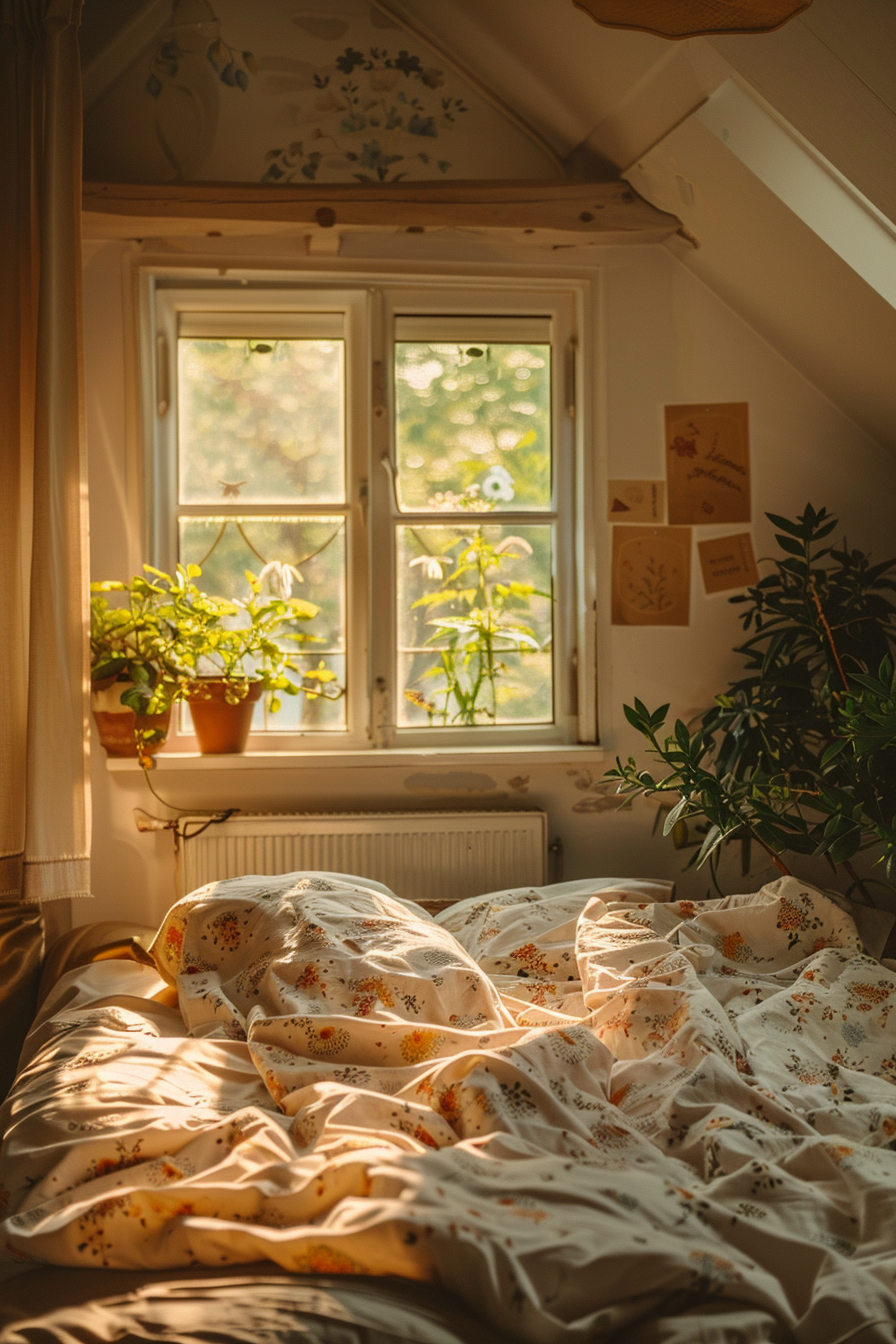 Cozy attic bedroom with sunlight streaming through the window, unmade bed with floral bedding, and potted plants on the windowsill.