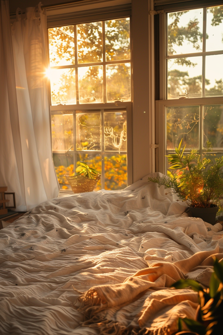 ALT: Warm sunlight streaming through a window onto an unmade bed with crumpled sheets, with a view of trees and a blue sky outside.