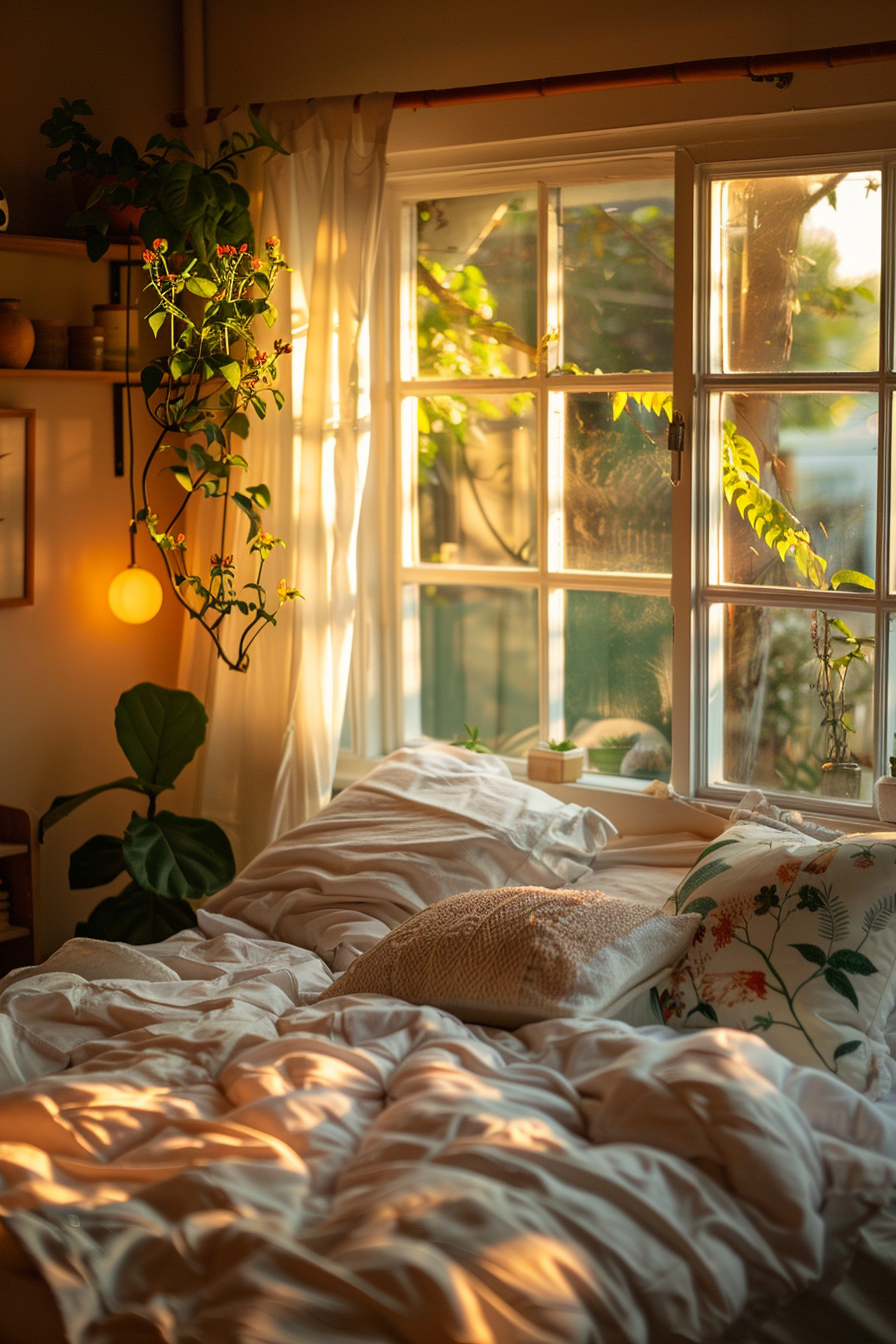 A cozy bedroom bathed in warm sunlight with an unmade bed, houseplants, and a window overlooking greenery.