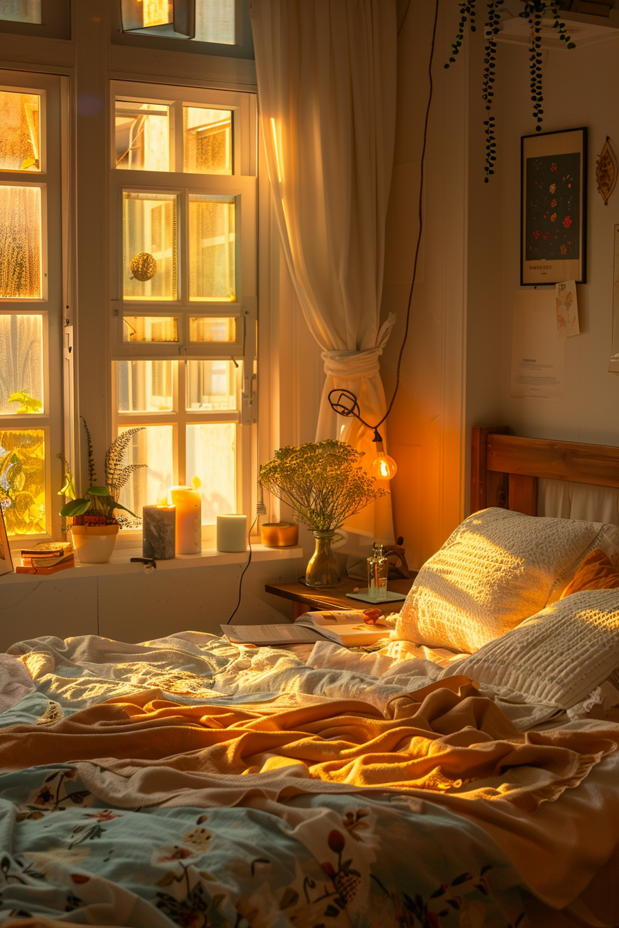 Warm sunlight fills a cozy bedroom with plants on the windowsill, lit candles, and a bed draped in soft blankets.