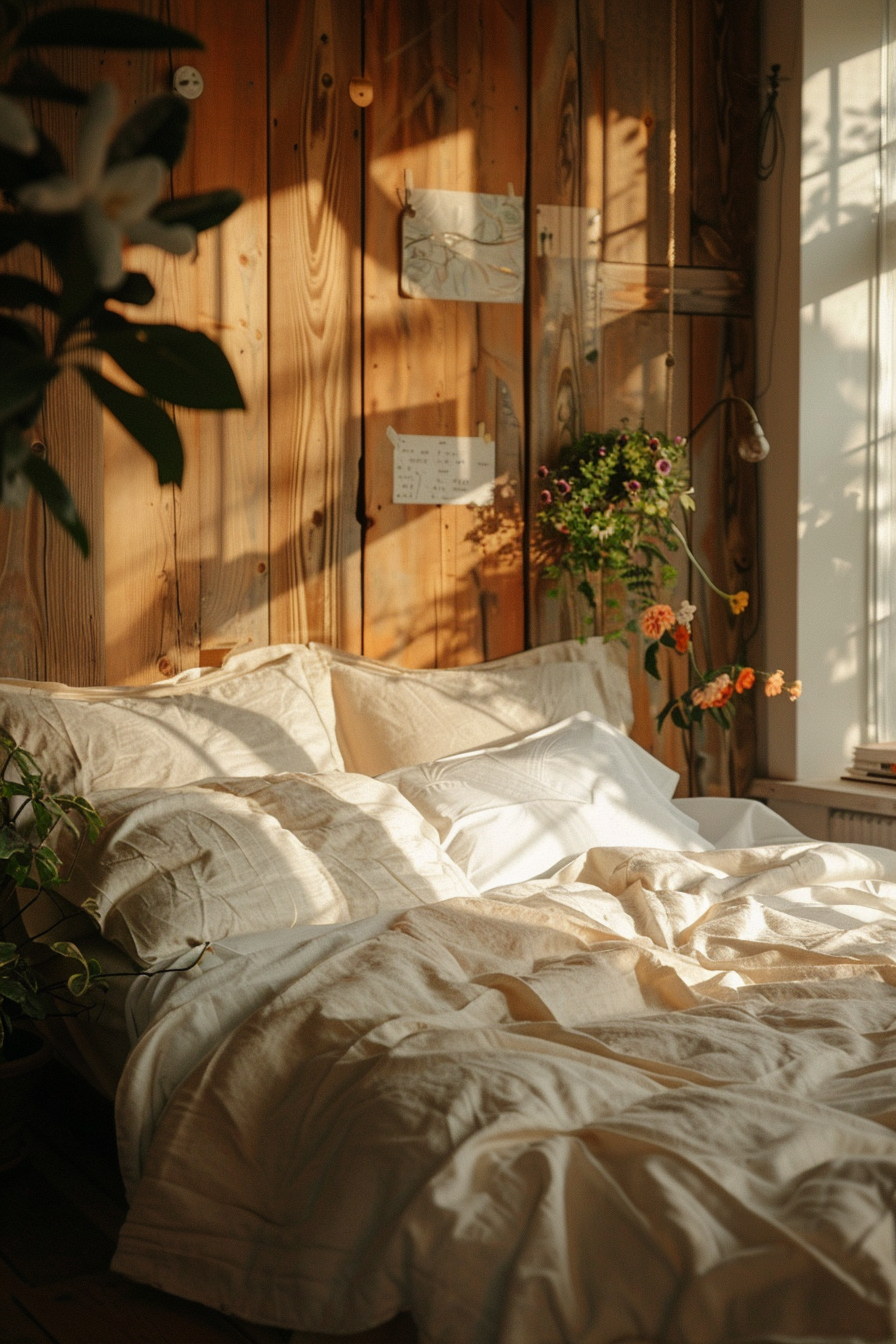 A cozy sunlit bedroom with an unmade bed, white linens, wooden walls, and plants by the window, imparting a warm, peaceful ambiance.