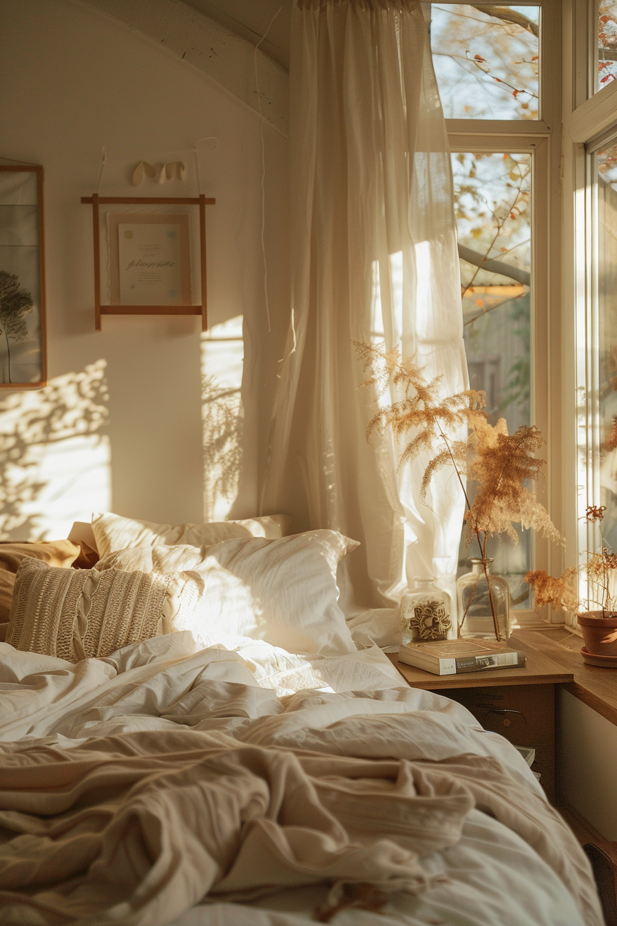 Cozy bedroom basked in warm sunlight with an unmade bed, sheer curtains, and dried plants by a window.