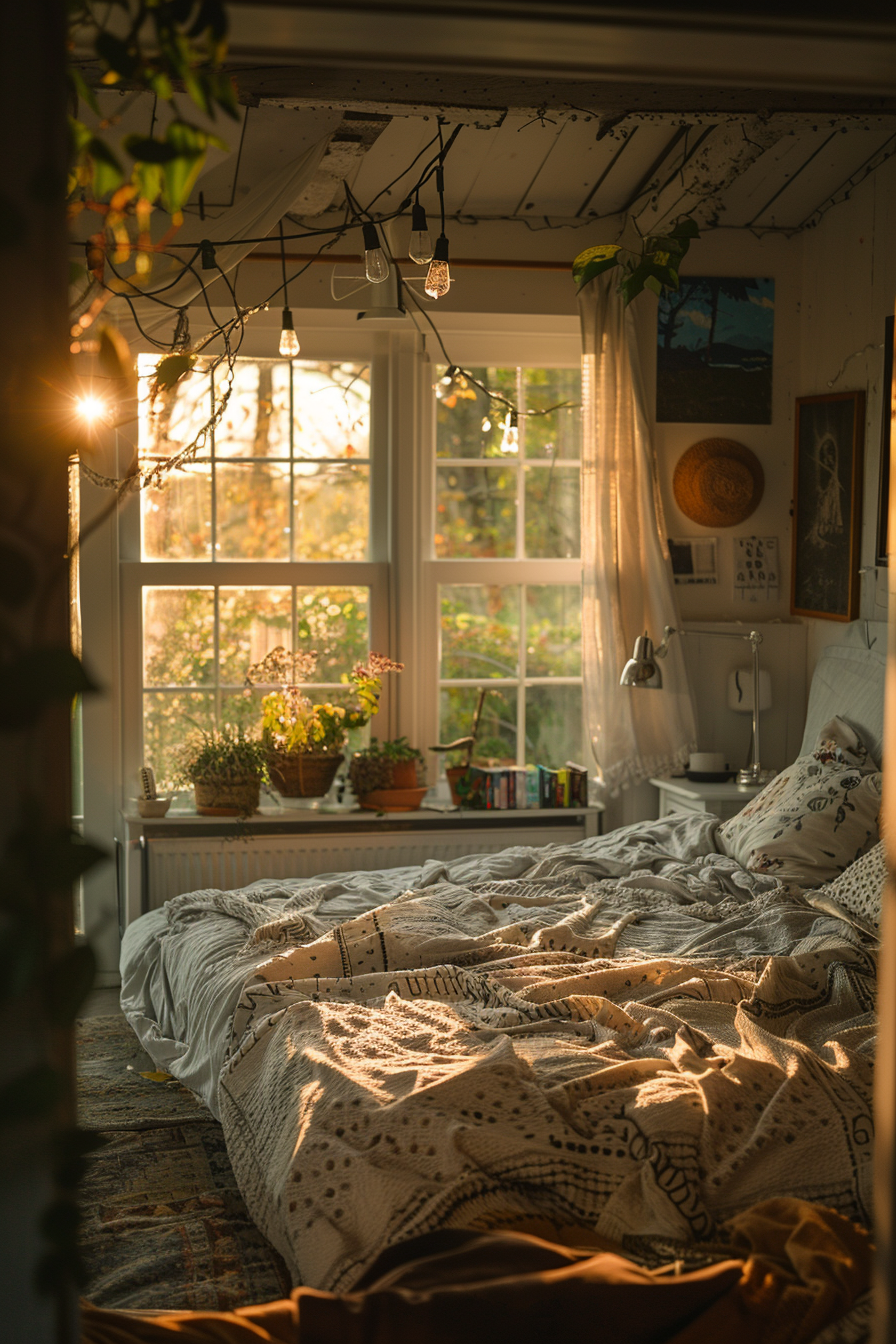 Cozy bedroom at sunset with warm light streaming through windows, unmade bed, plants, and string lights.