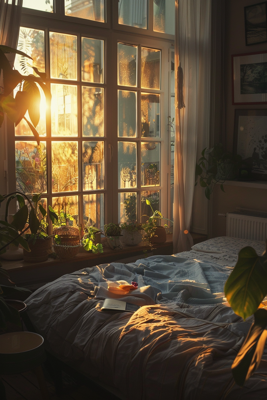 Cozy bedroom at sunset with light pouring through a large window onto a bed, surrounded by plants and a book.