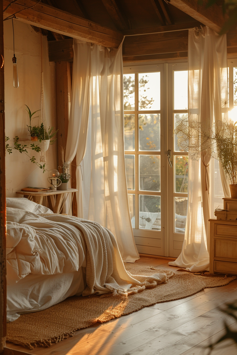 Cozy bedroom with a bed draped in white linens, sheer curtains, and warm sunlight streaming through a window, with rustic decor.