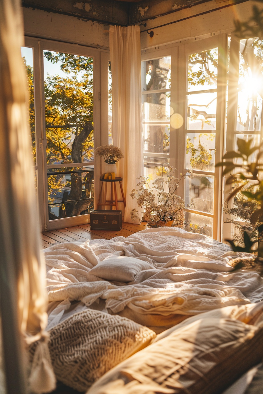 A cozy bedroom with a view of autumn trees through an open window, sunlight streaming in, and a bed with white linens.