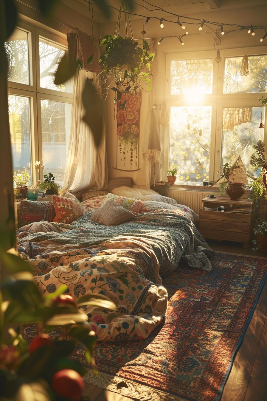 Cozy bohemian bedroom with plants hanging by the window, sun streaming in, patterned textiles, and string lights.