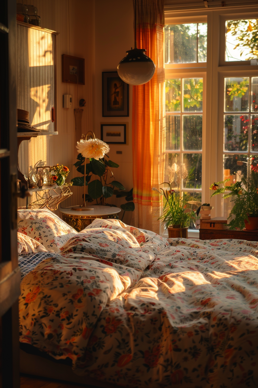 Warm sunlight filters through a cozy bedroom with floral bedding, plants by the window, and a hanging lamp, creating a serene morning ambiance.