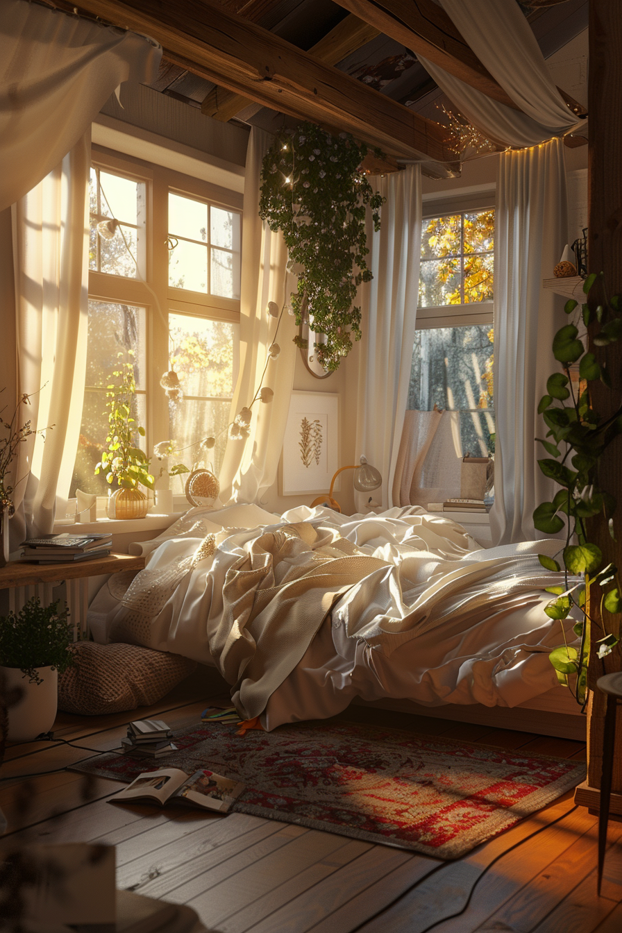 Cozy bedroom with sunlight streaming through windows, bed with white linens, plants, and a warm, inviting atmosphere.