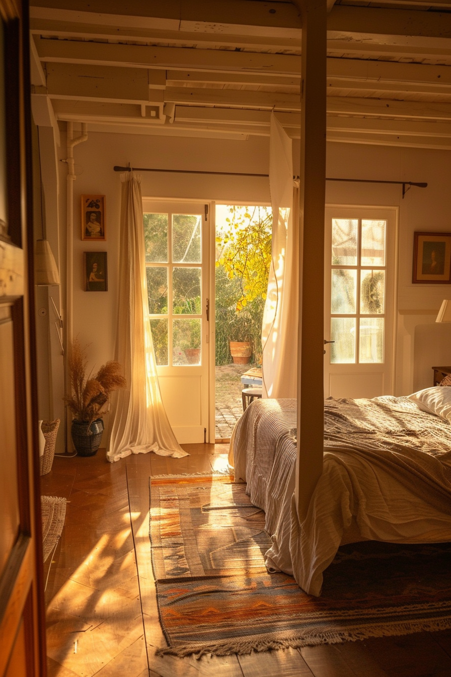 Cozy sunlit bedroom with a bed, patterned rug, flowing curtains, and open French doors leading to a garden.