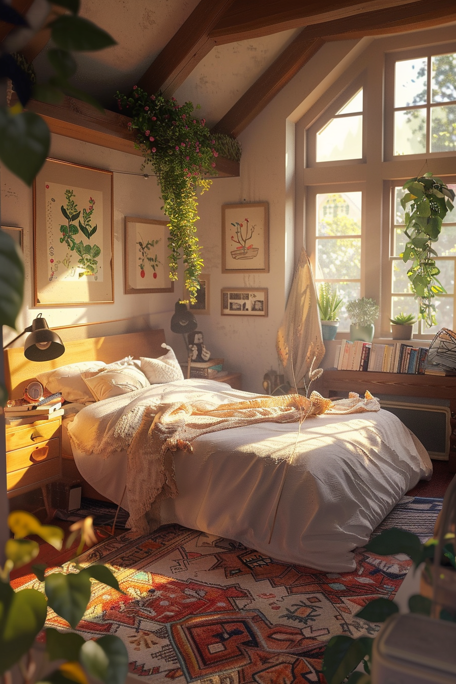 Cozy attic bedroom bathed in warm sunlight with plants, framed botanical art, and patterned rug.
