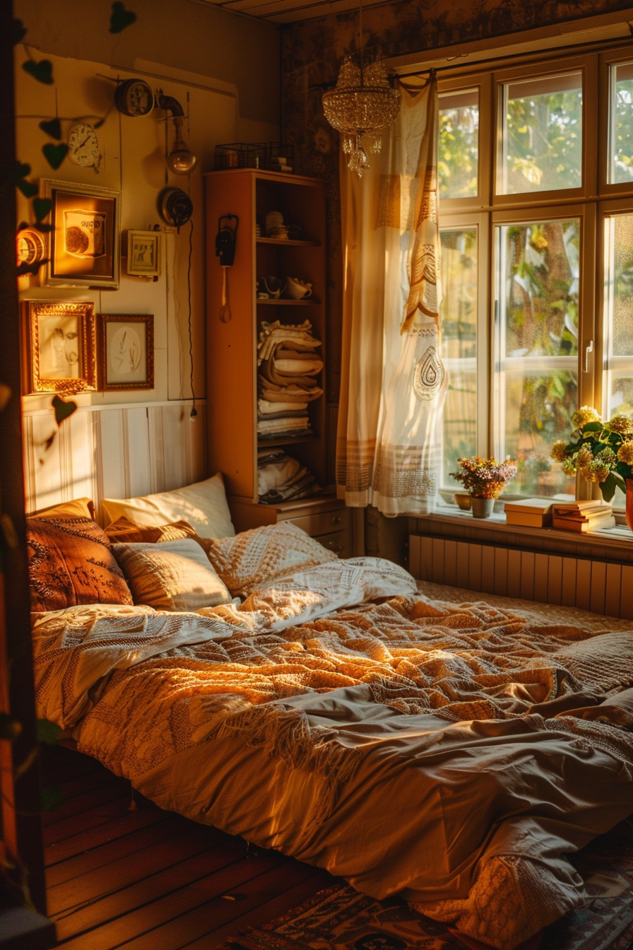 Cozy bedroom with warm sunlight, unmade bed with patterned bedding, open wardrobe, and vintage decor items along the wall.