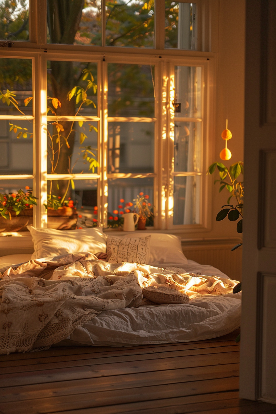 Cozy bedroom with a bed bathed in warm sunlight coming through the large windows, with plants on the windowsill.