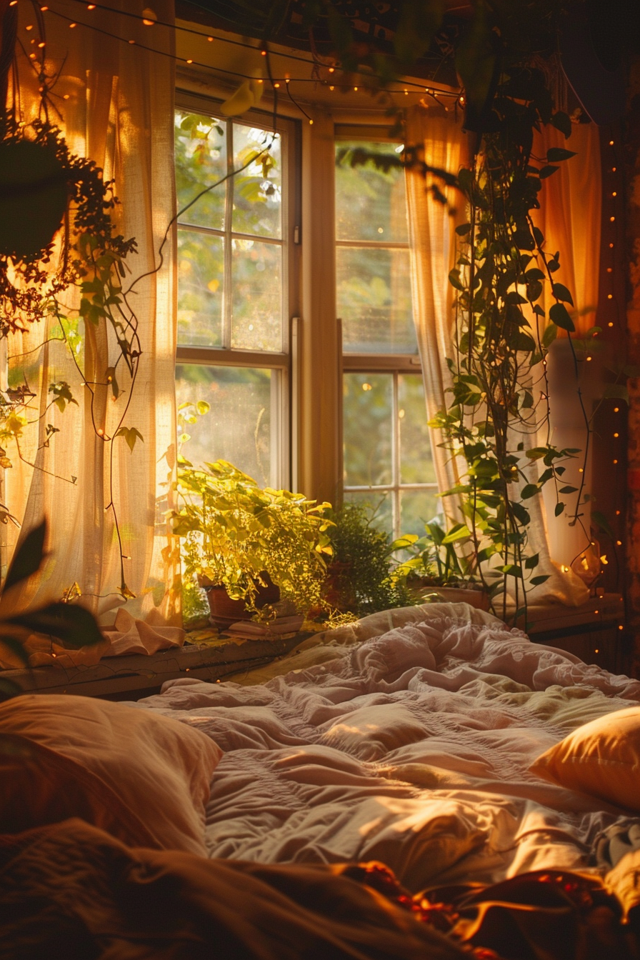 A cozy bedroom corner with sunlit curtains, indoor plants, fairy lights, and an unmade bed bathed in warm golden light.