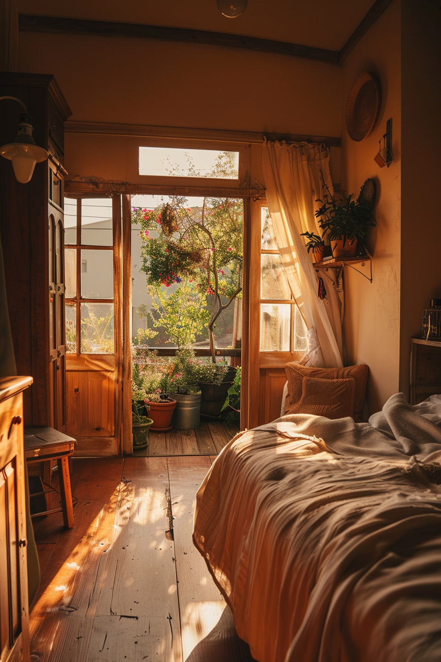 A cozy bedroom with warm sunlight filtering through open French doors leading to a balcony with flowering plants.