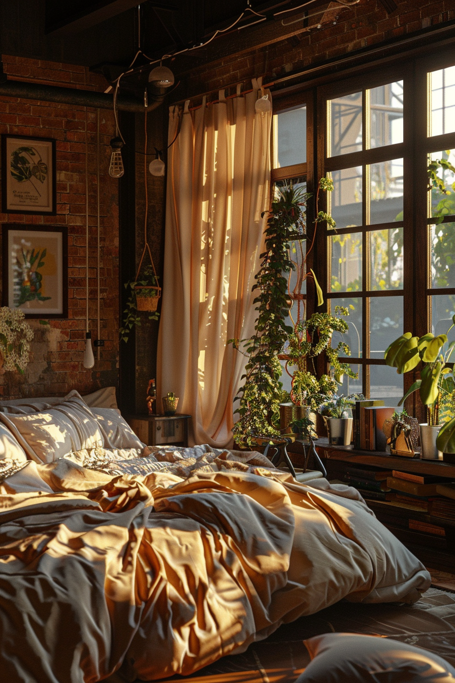 ALT text: Cozy bedroom with sunlight filtering through sheer curtains, brick walls, houseplants, and crumpled bedding.