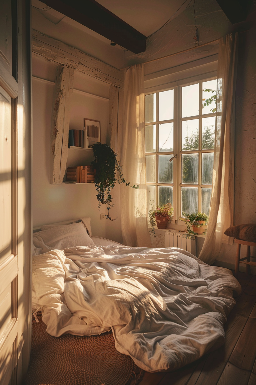 Cozy bedroom with sunlight streaming through a window, unmade bed with white linens, and plants on a wooden floor.