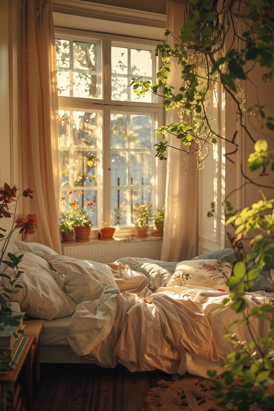 Cozy bedroom with unmade bed, sunlit window, and indoor plants creating a warm, inviting atmosphere.