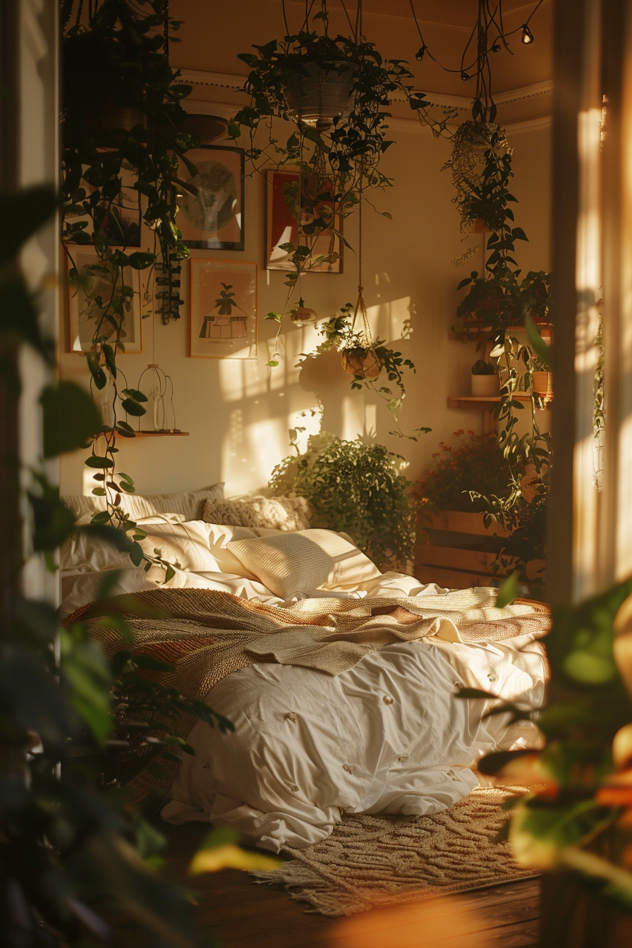 Cozy bedroom filled with plants and warm sunlight, unmade bed with white linens and knit throw.