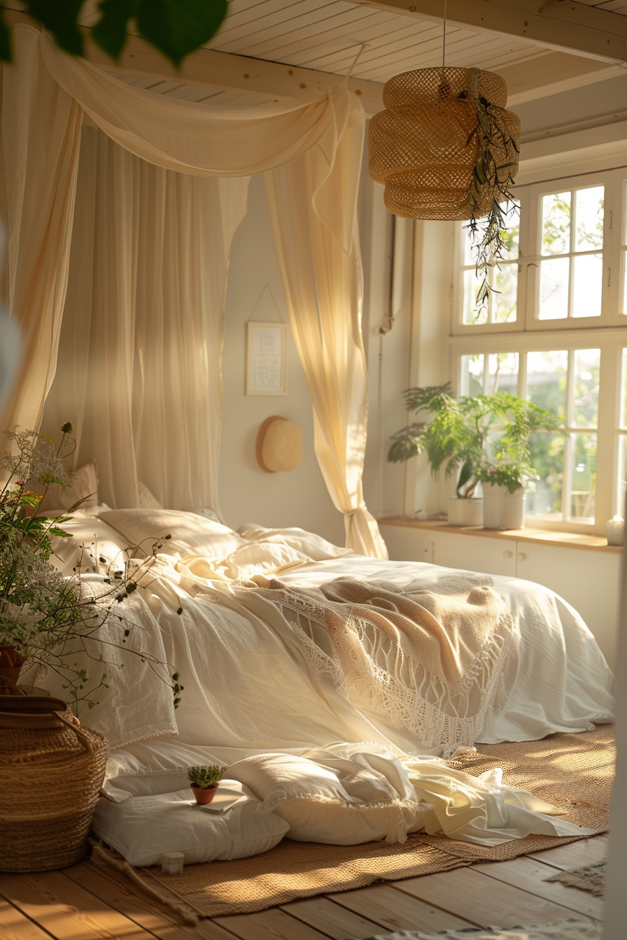 A cozy, sunlit bedroom with a draped canopy bed, woven light fixture, and plants by the window, creating a warm, inviting atmosphere.