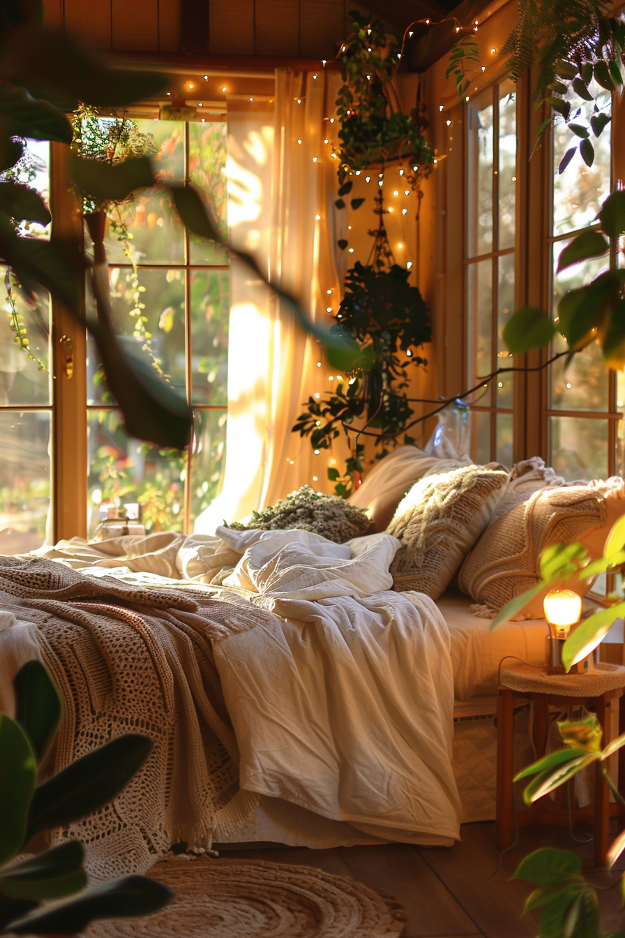 Cozy interior with a daybed, warm blankets, fairy lights, plants, and a glowing lamp by a window.