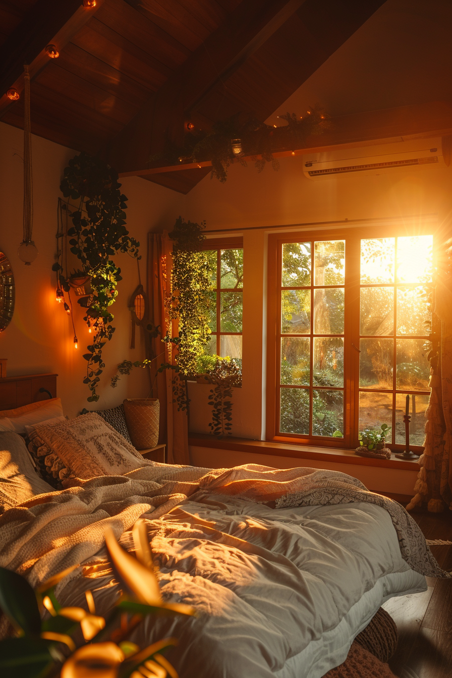 ALT: Cozy bedroom at sunset with warm lighting, a comfortable bed, hanging plants, and a view of greenery through the window.