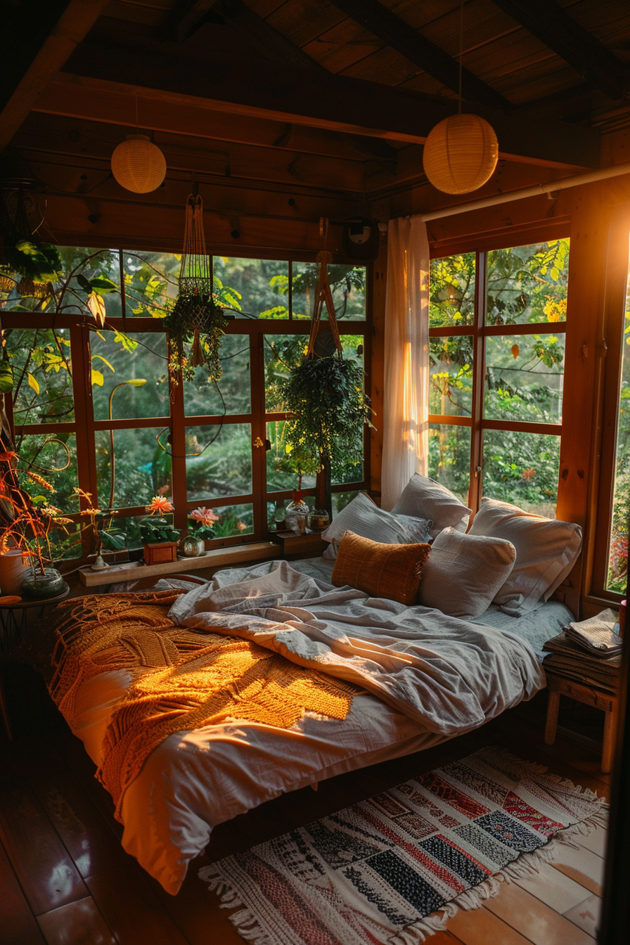 Cozy bedroom at sunset with warm light filtering through large windows, surrounded by greenery and hanging plants.