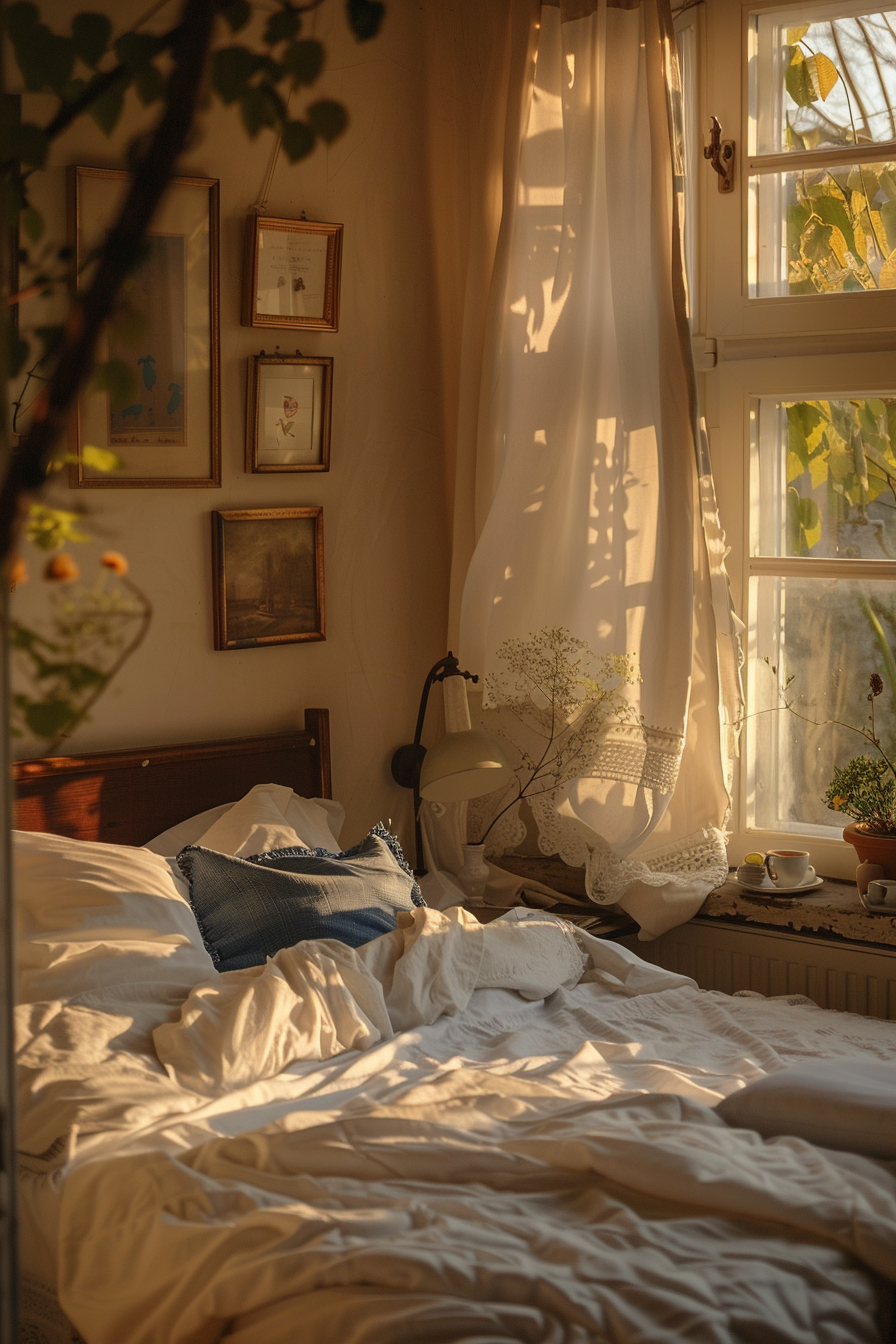 A cozy bedroom bathed in warm sunlight, with an unmade bed, sheer curtains, framed artwork on the wall, and a windowsill with plants.