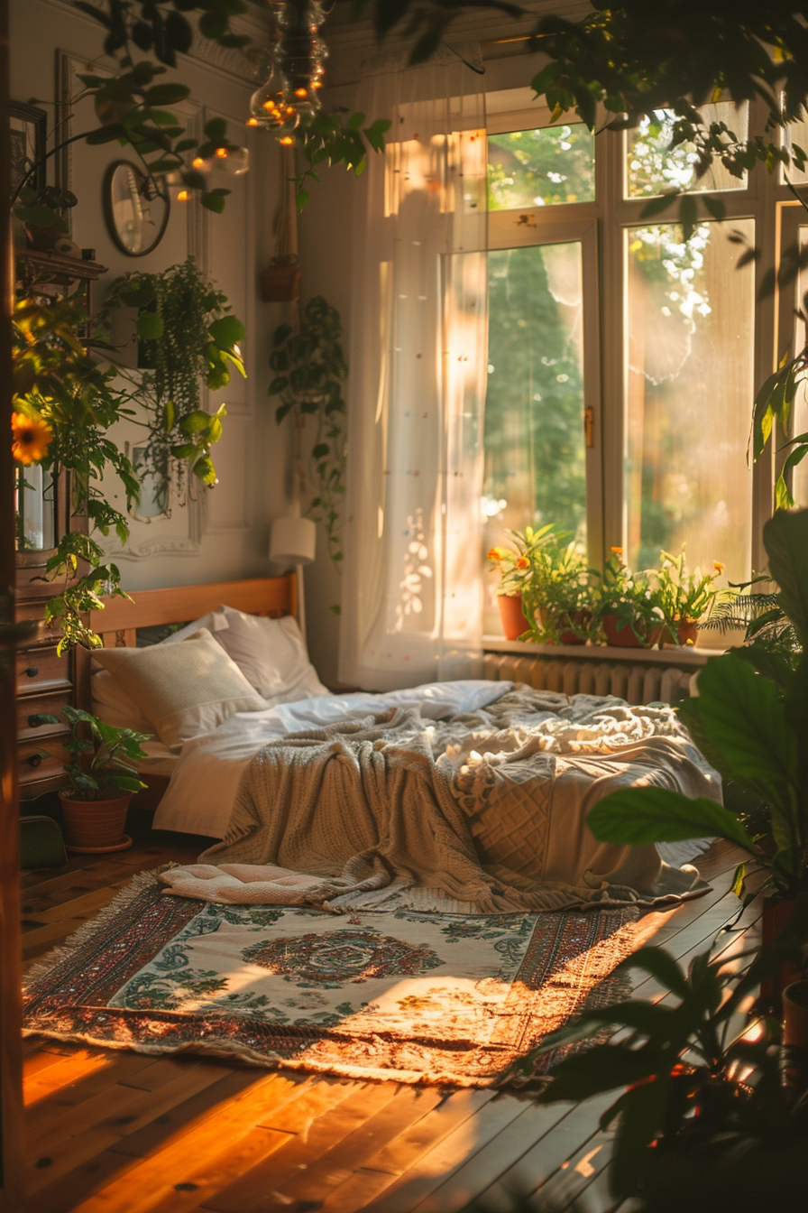 Cozy bedroom bathed in warm sunlight with abundant plants, an unmade bed, and a patterned rug on a wooden floor.