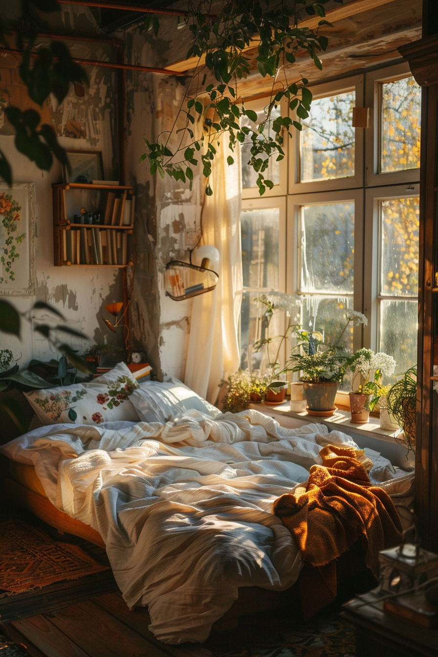 A cozy, sunlit bedroom with an unmade bed, hanging plants, and books, exuding a warm, bohemian atmosphere.
