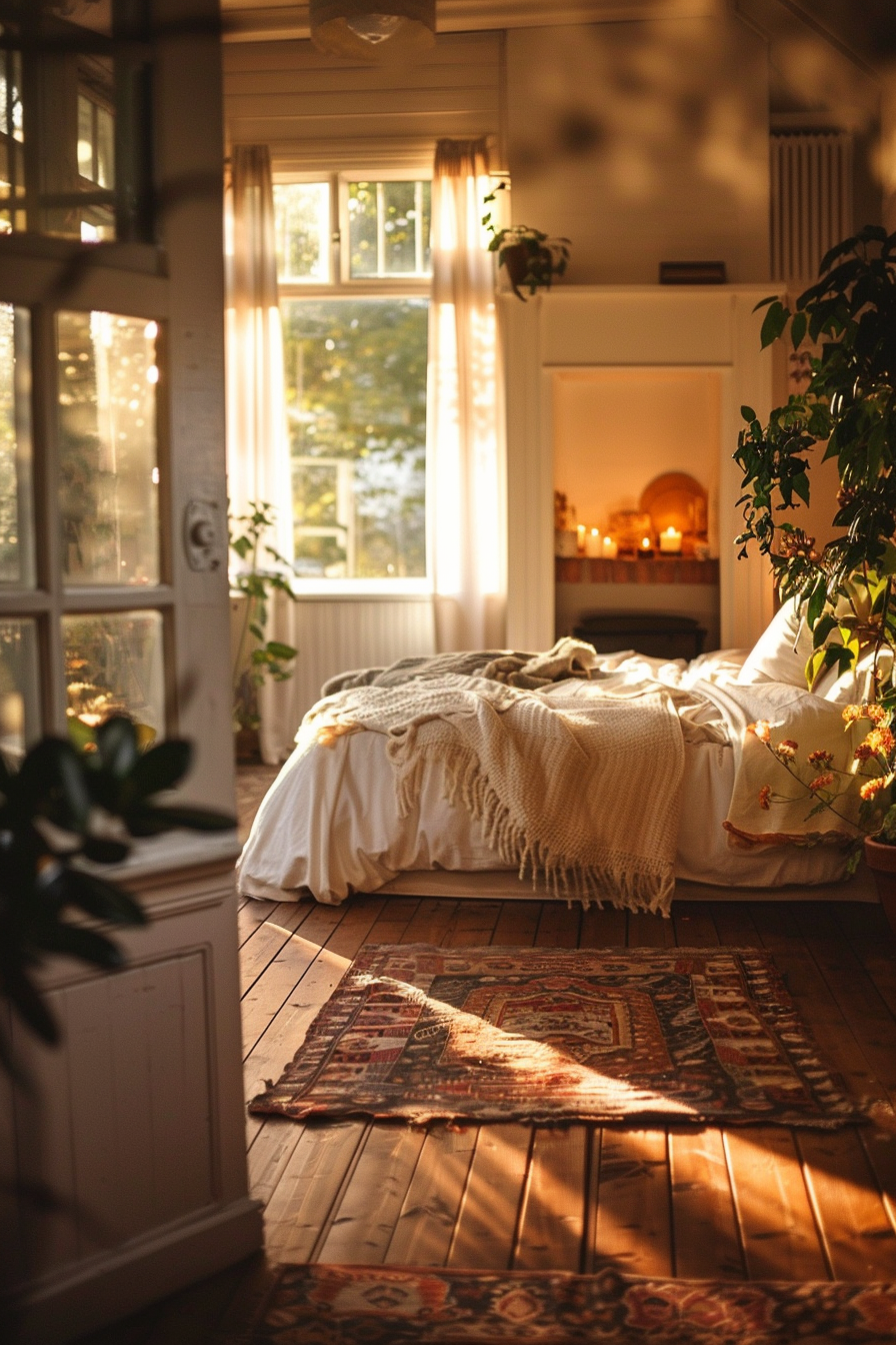 Cozy bedroom with warm sunlight streaming through the windows, casting shadows on a patterned rug and a bed adorned with a knit throw.
