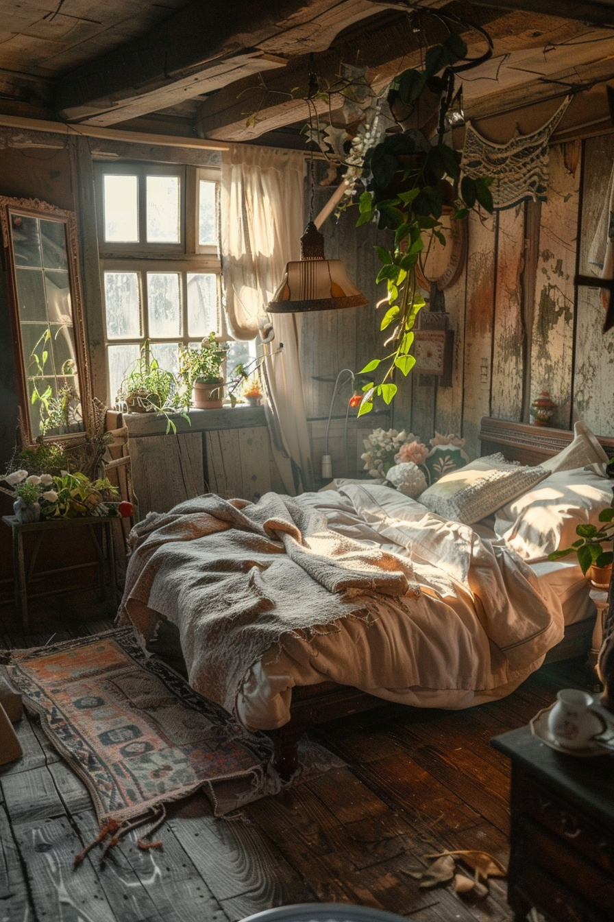 A cozy, rustic bedroom bathed in warm sunlight with plants by the window, a draped bed, and vintage furnishings.