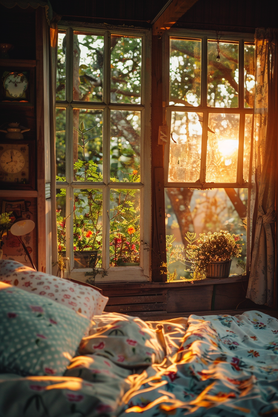 Cozy interior view of a sunlit room with pillows, vintage decor, and an open window overlooking a garden at sunset.
