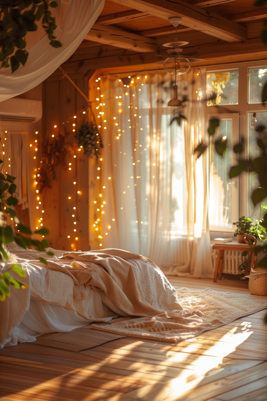 Cozy bedroom with warm fairy lights, soft bedding, wooden floors, and plants, bathed in golden sunlight filtering through sheer curtains.