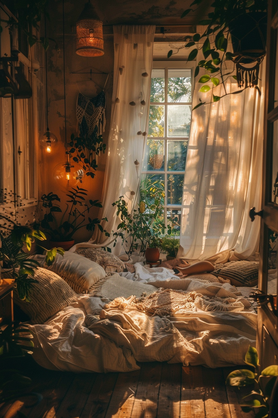 Cozy bedroom filled with warm sunlight, plants, and a comfortable bed with pillows and blankets.