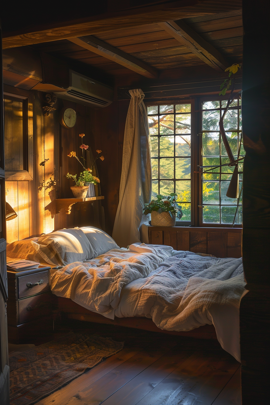 Cozy bedroom at sunrise with a made bed, sunlight streaming through a window, wooden walls, and plants.