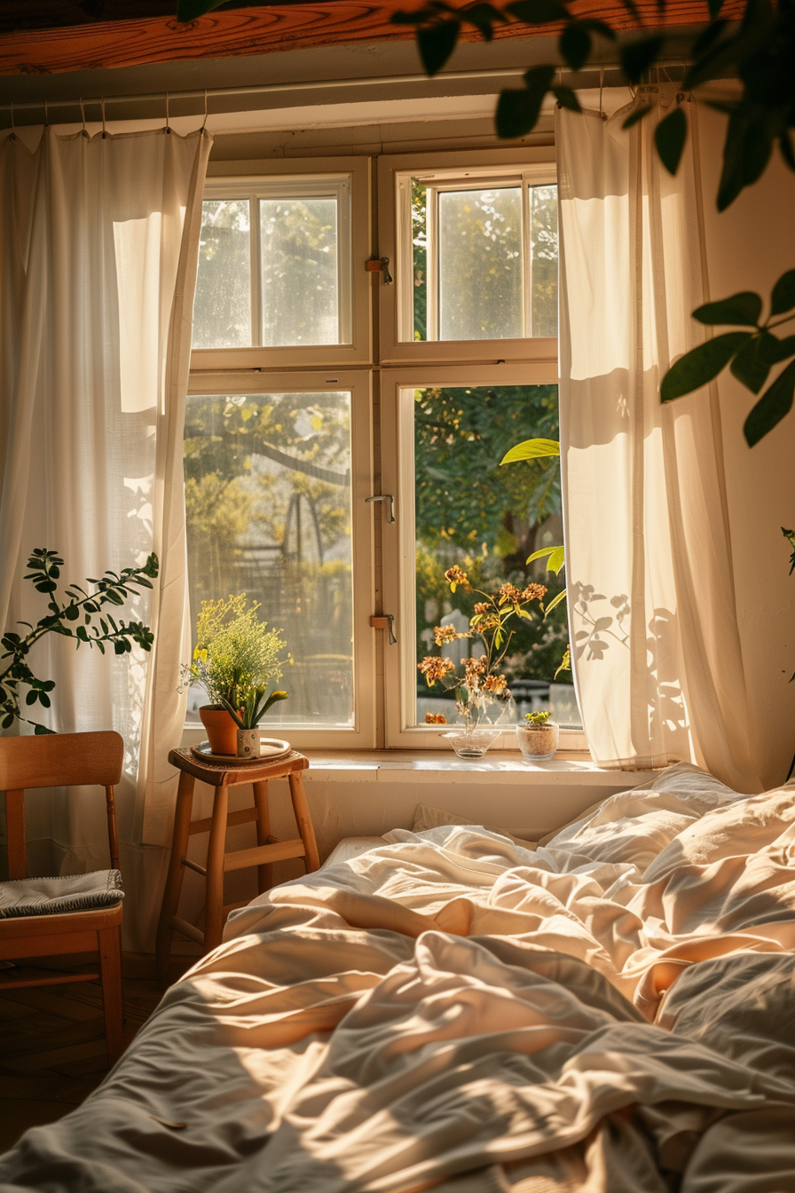 Cozy bedroom with sunlight streaming through an open window, sheer curtains, plants on windowsill, and an unmade bed.