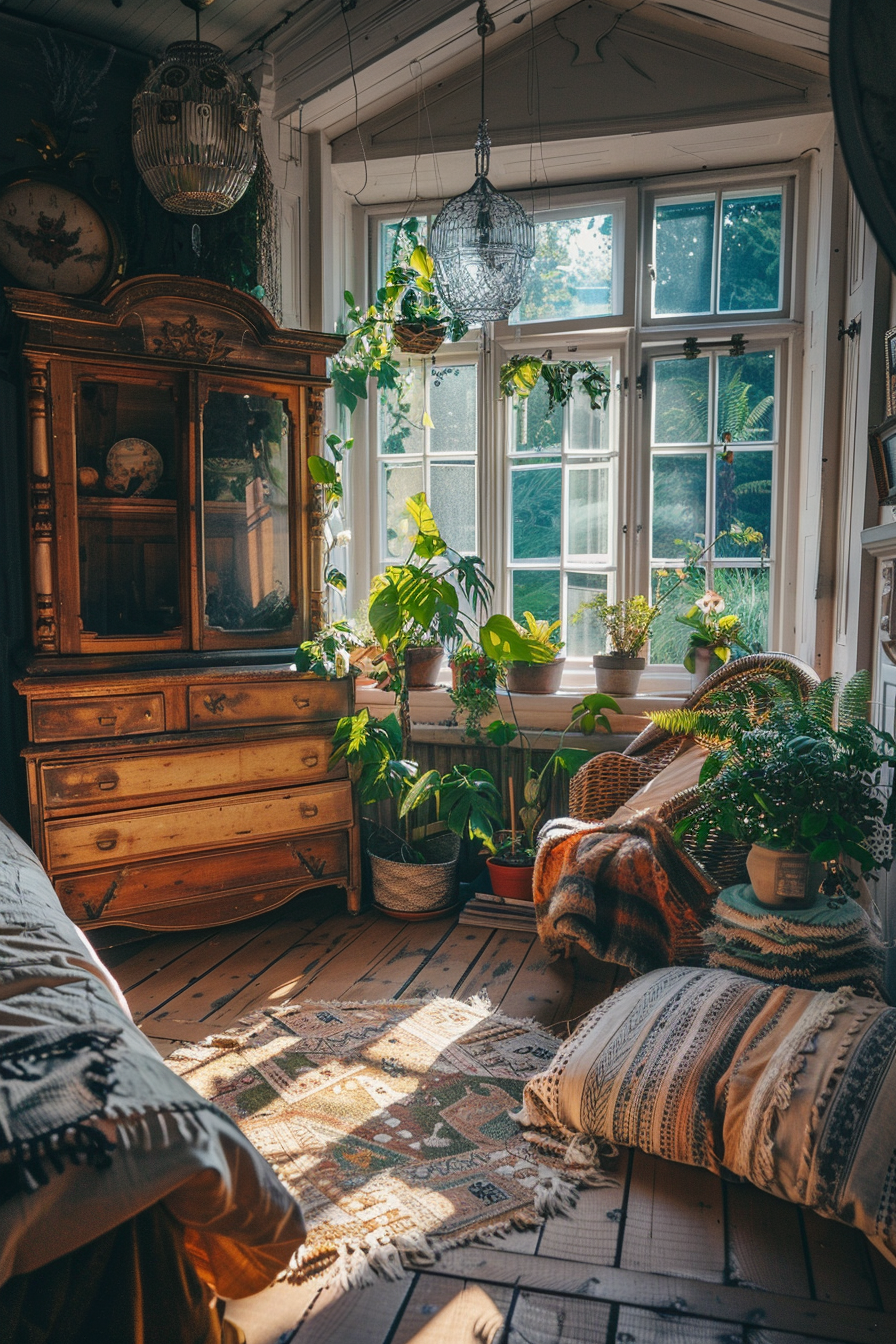 Cozy sunlit room with plants by the window, vintage wooden furniture, patterned rug, and hanging birdcages.