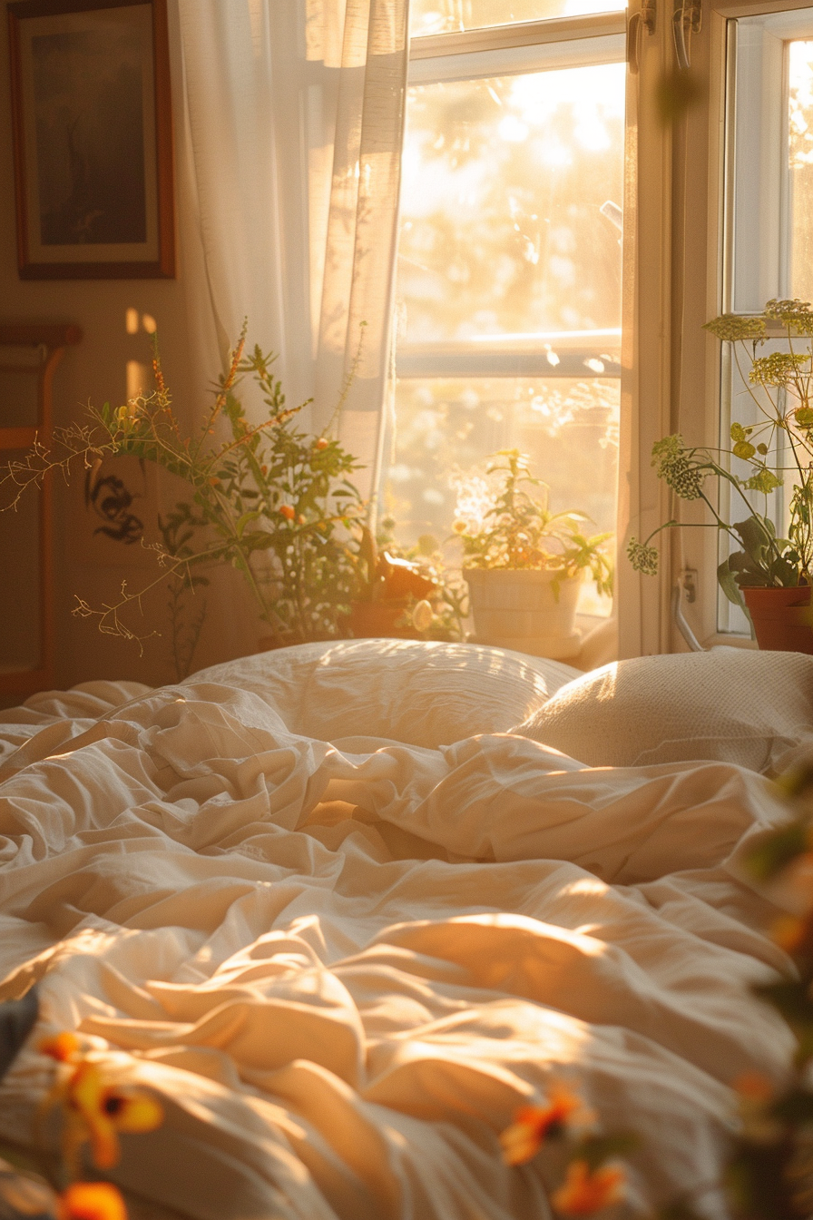A cozy bedroom at sunrise with sunlight streaming through the window, illuminating plants and a rumpled bed with white linens.