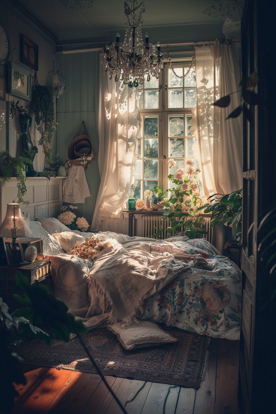 ALT Text: "A cozy vintage bedroom with morning light streaming through sheer curtains onto a messy bed with floral bedding and surrounding plants."