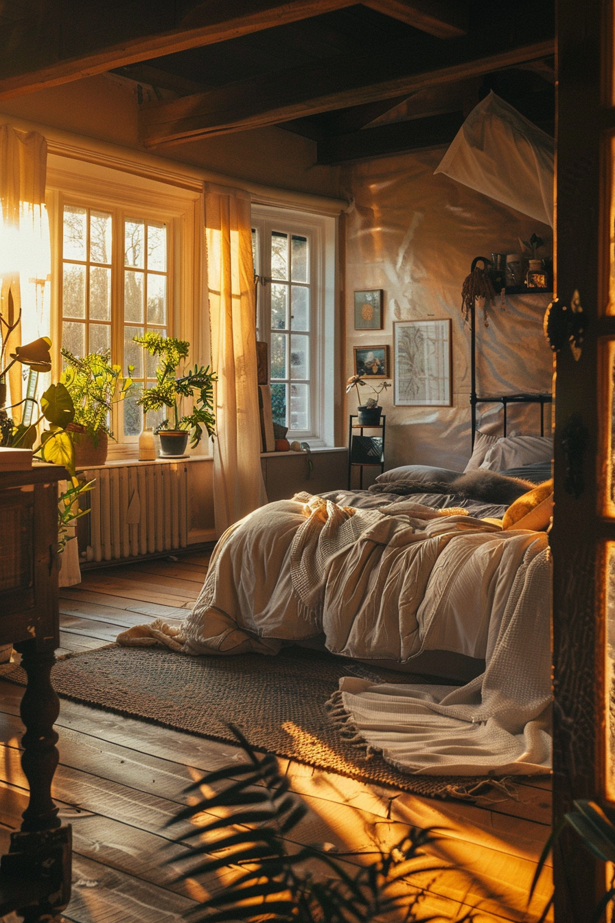 Cozy bedroom with warm sunlight, plants by the window, artwork on walls, and a comfortably messy bed.