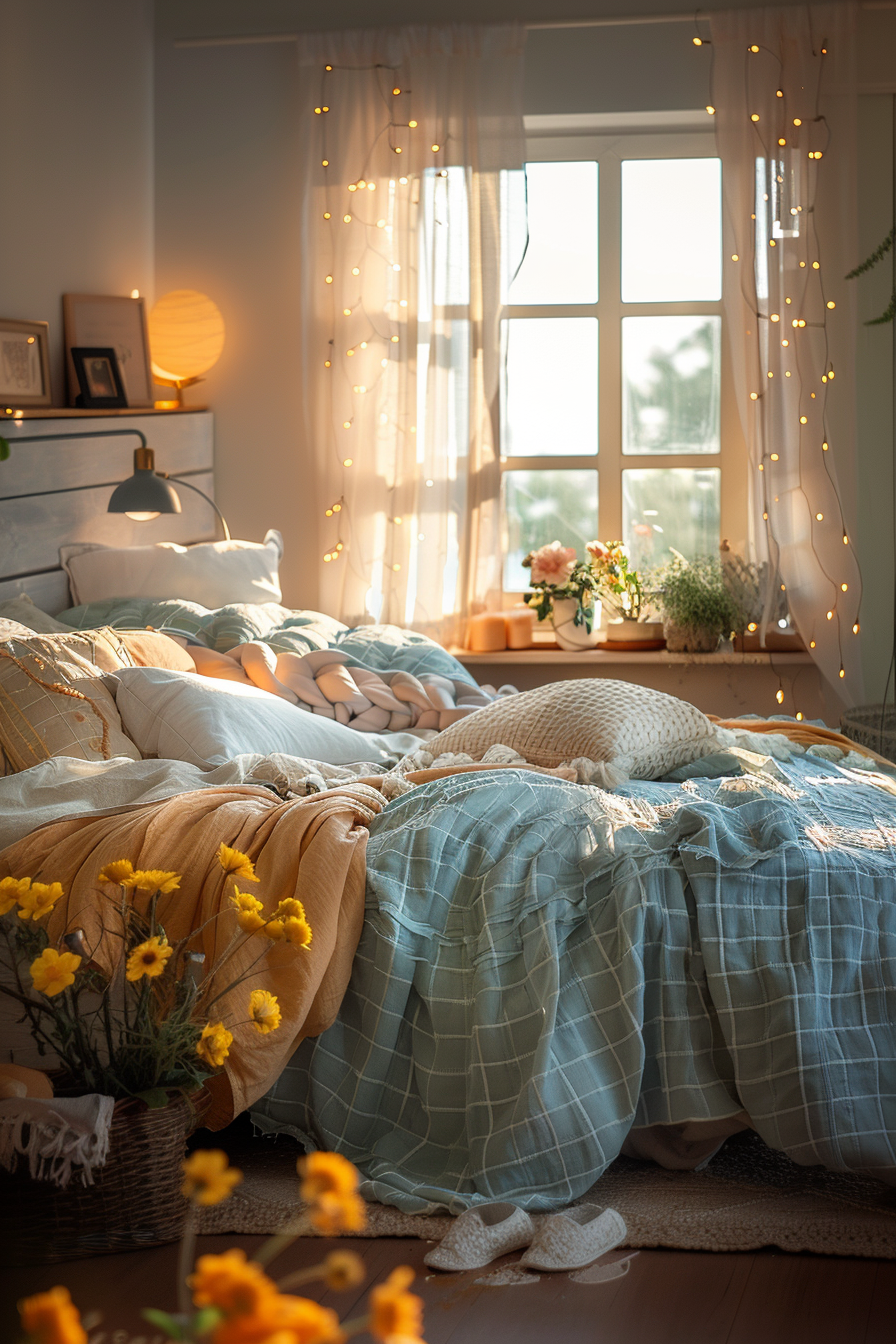 Cozy bedroom with fairy lights on window, comfortable bed with blue and beige bedding, and fresh flowers by sunlight.