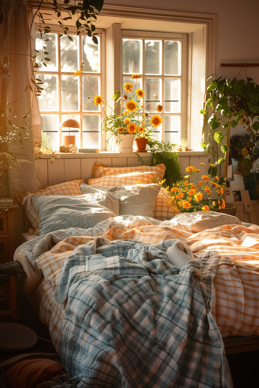 Cozy bedroom with a bed covered in plaid bedding, sunlit window with blooming flowers on the sill, and hanging green plants.