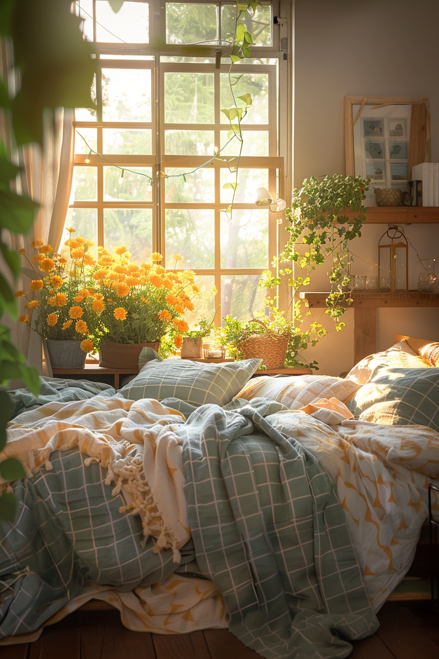 Cozy bedroom corner with a messy bed, patterned blankets, and potted flowers by a sunny window creating a warm, inviting atmosphere.
