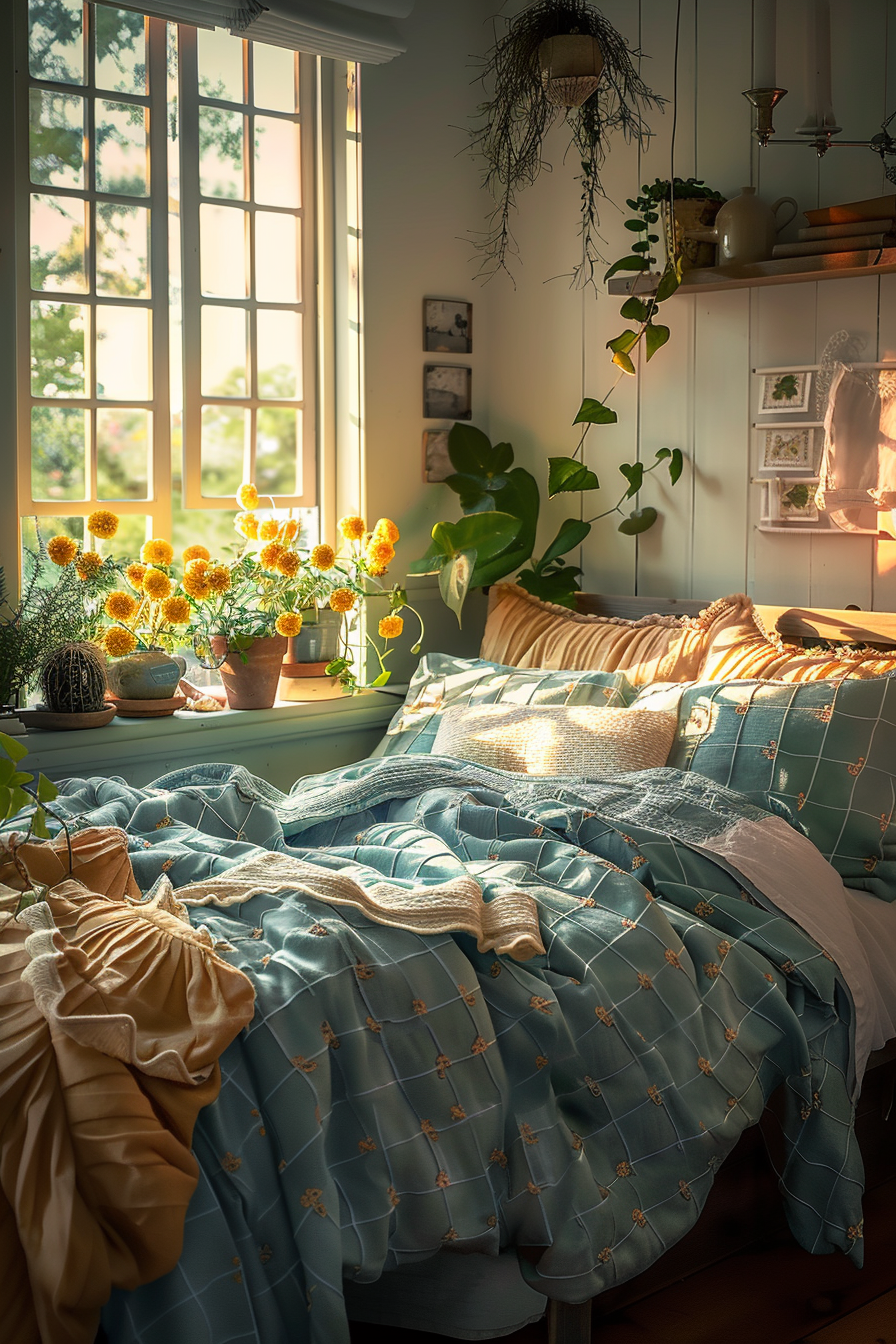 Cozy bedroom with an unmade bed, sunlight streaming in through windows, and potted flowers on the sill.