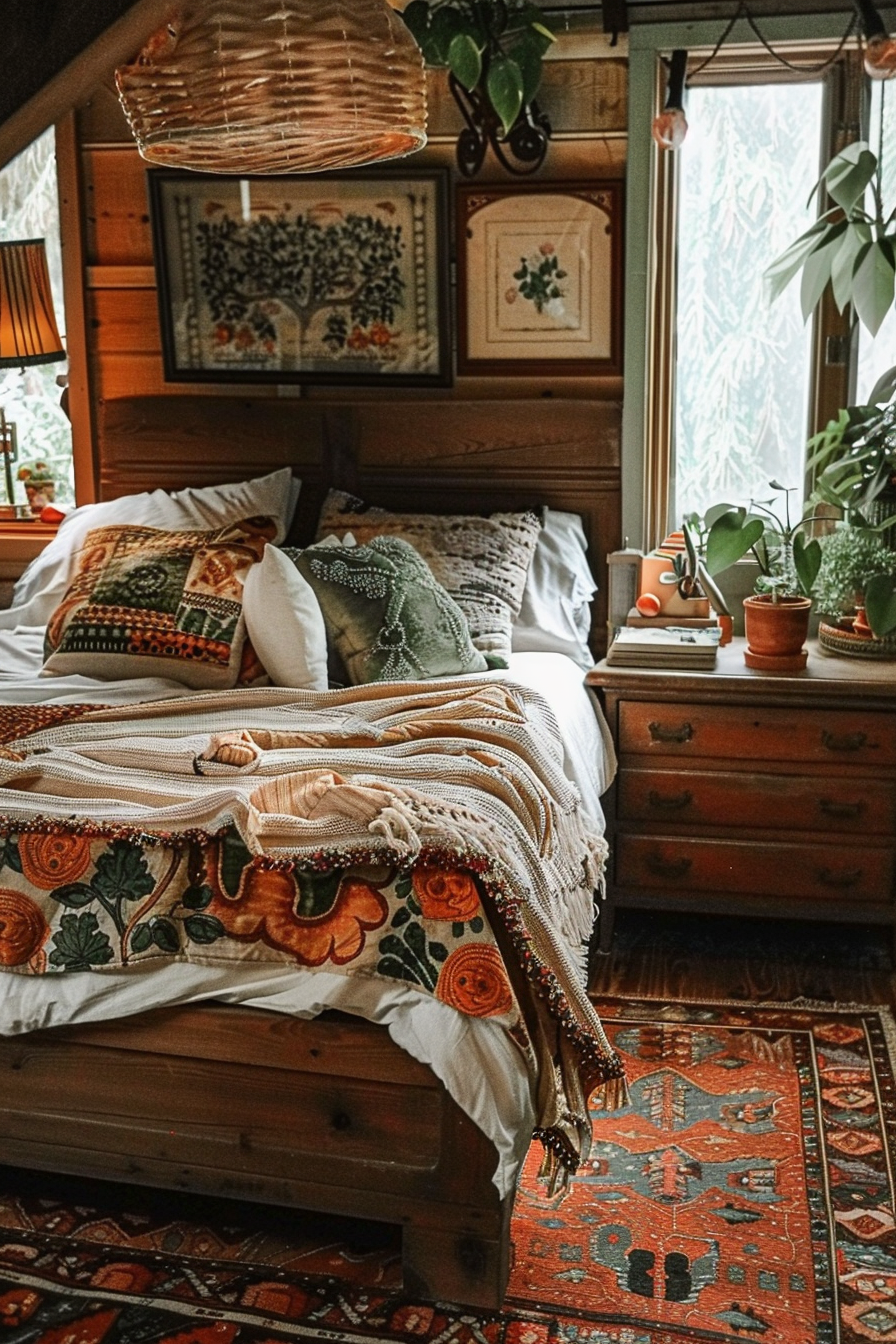 A cozy rustic bedroom with embroidered linen, plants, a woven lamp, and a patterned rug.