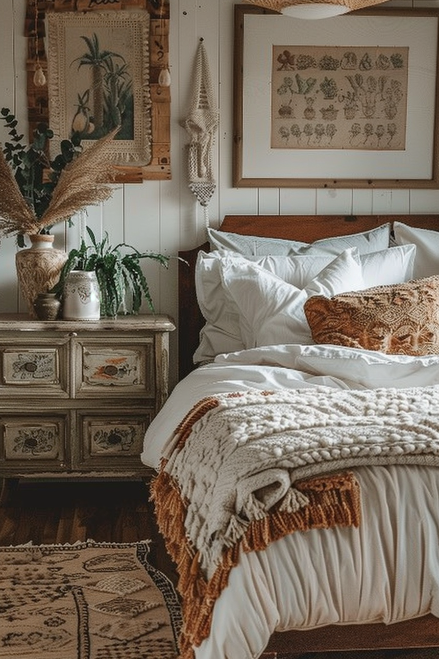 Cozy bedroom with a plush white bed, patterned rug, and vintage wooden furniture decorated with plants and wall art.