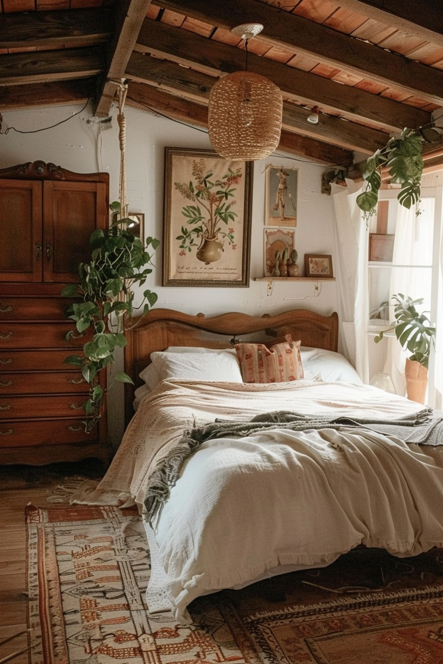 Cozy rustic bedroom with a wooden bedframe, patterned rugs, exposed beams, plants, and warm lighting.