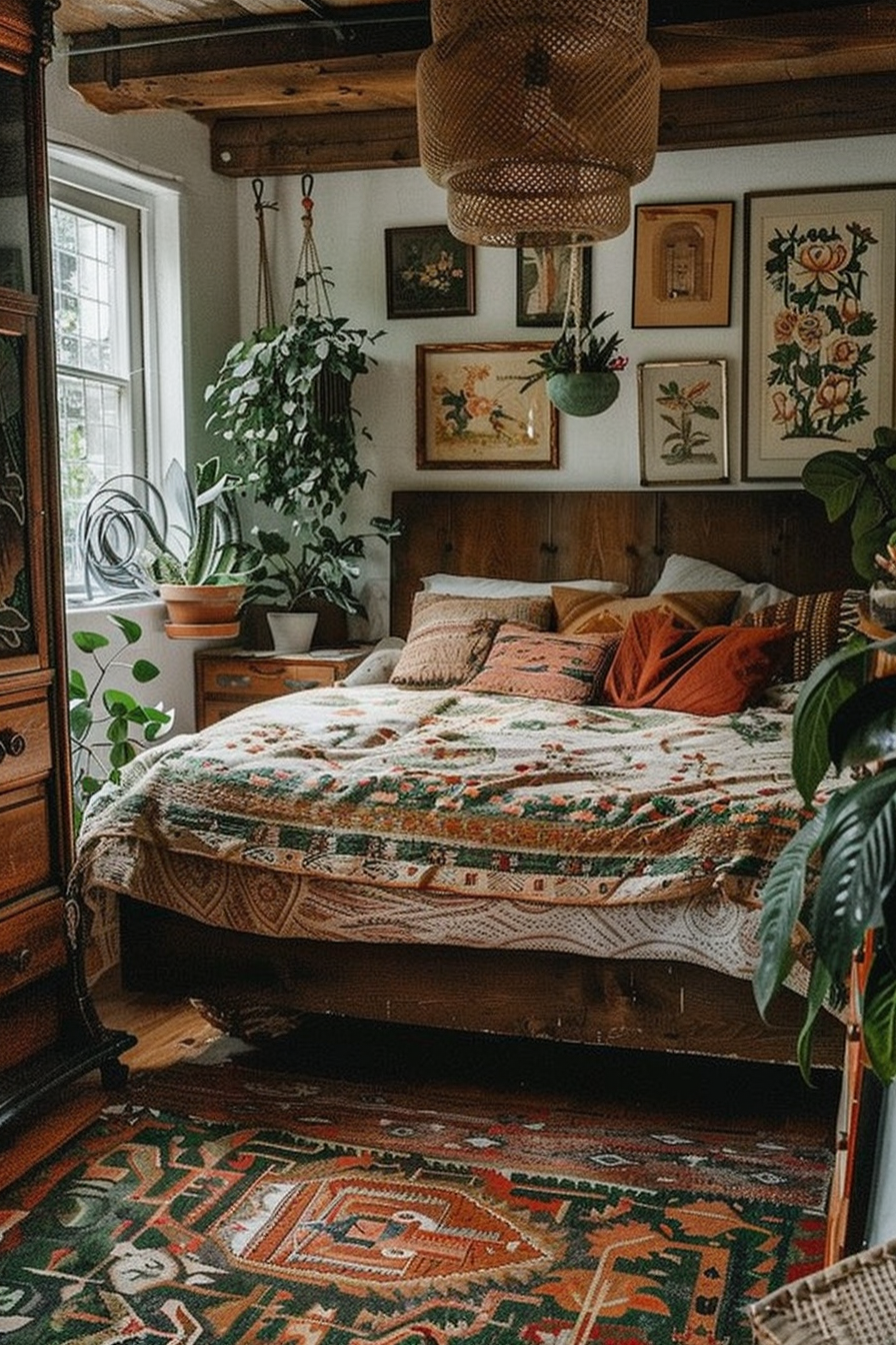 Cozy bedroom with a patterned quilt, exposed beams, hanging plants, artwork on the walls, and an ornate rug.